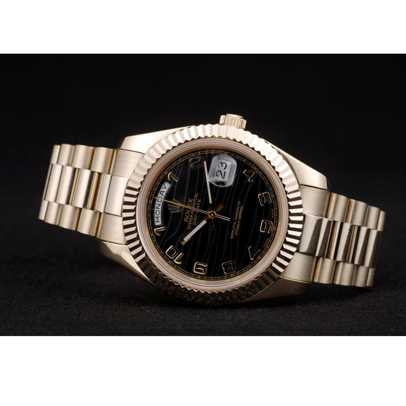 MiroTime 0725 Rolex Swiss DayDate Gold Stainless Steel Ribbed Bezel Black Dial 41998